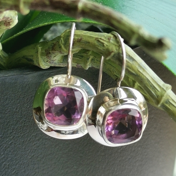 Modernist square cut Amethyst sterling silver drop earrings 🆕 - Picture 4 of 6